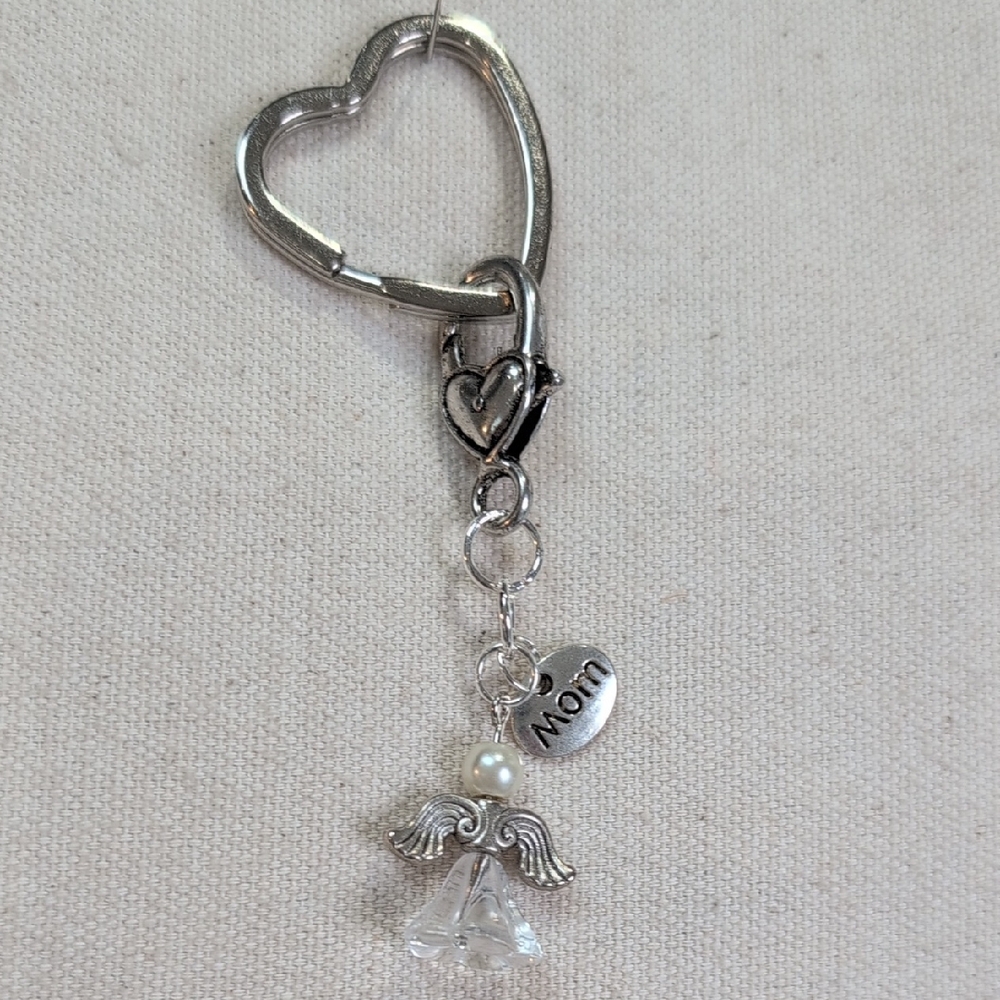 Handmade Silver Heart Angel Keychain w/ “Mom” Charm – Glass Pearl & Bead